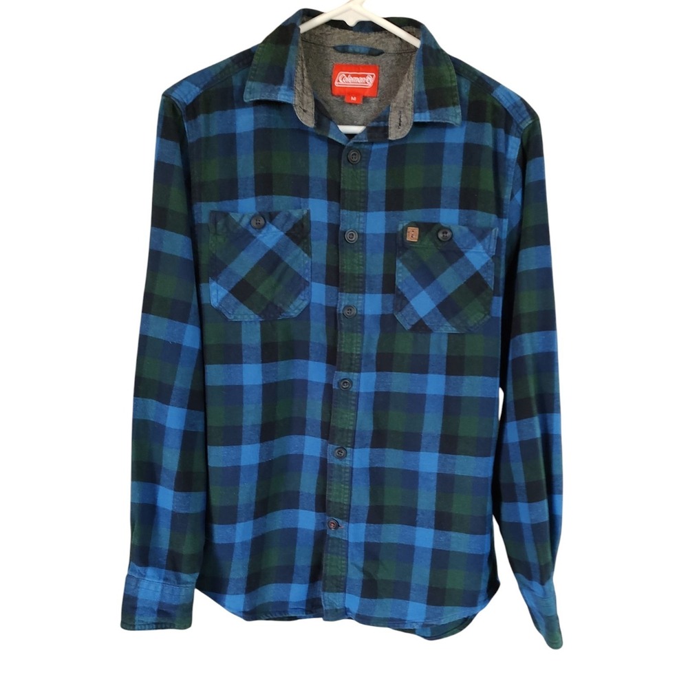 Coleman Plaid Flannel Shirt Button Up Long Sleeves Blue Green Mens Size Medium